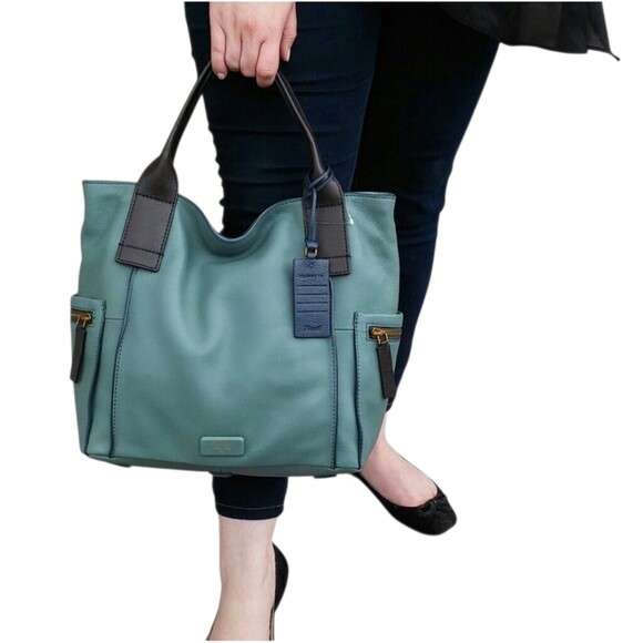 Fossil VTG Emerson Satchel Pebbeled Leather Handbag Shoilder Bag Seaglass/Brown - Picture 3 of 8